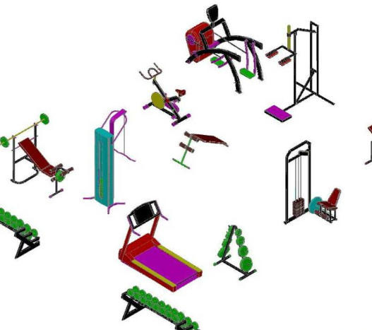 Equipos de gimnasio en AutoCAD con máquinas de ejercicio, distribución de espacios y diseño de áreas fitness en formato DWG.