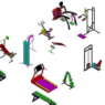 Equipos de gimnasio en AutoCAD con máquinas de ejercicio, distribución de espacios y diseño de áreas fitness en formato DWG.