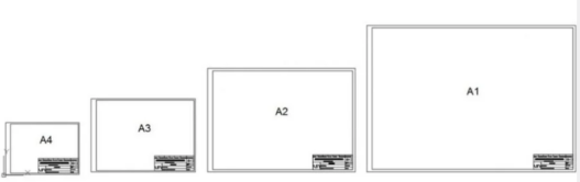 Hojas AutoCAD en formatos A1, A2, A3 y A4 con bordes y cuadros de rotulación para presentación de planos técnicos y arquitectónicos.