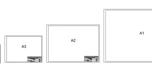 Hojas AutoCAD en formatos A1, A2, A3 y A4 con bordes y cuadros de rotulación para presentación de planos técnicos y arquitectónicos.