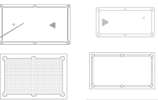 Mesa de billar en AutoCAD con diseño detallado, vistas en planta y representación para proyectos de interiores y entretenimiento en formato DWG.