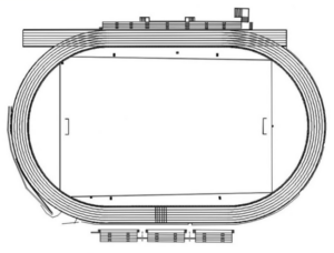 Pista de atletismo en AutoCAD con diseño deportivo, carriles y medidas reglamentarias para proyectos de infraestructura deportiva en formato DWG.