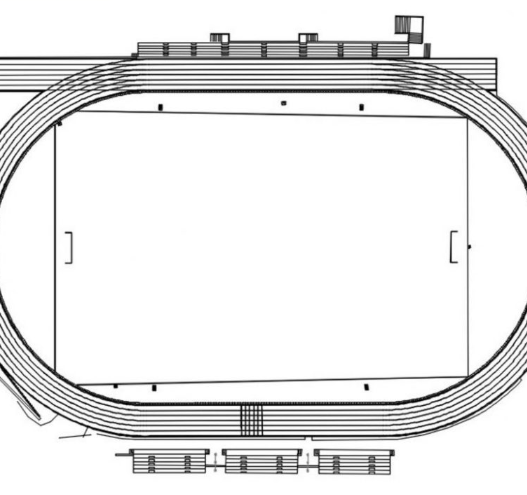 Pista de atletismo en AutoCAD con diseño deportivo, carriles y medidas reglamentarias para proyectos de infraestructura deportiva en formato DWG.