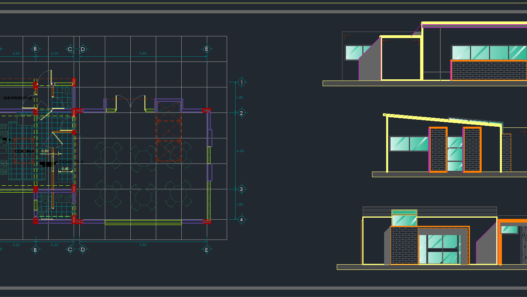 Plano de restaurante en AutoCAD con distribución de mesas, cocina y áreas de servicio para proyectos comerciales en formato DWG.