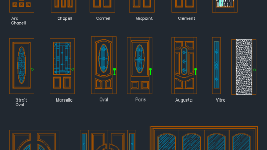 Puertas de madera en AutoCAD con diseños arquitectónicos, detalles constructivos y vistas en planta y alzado en formato DWG.