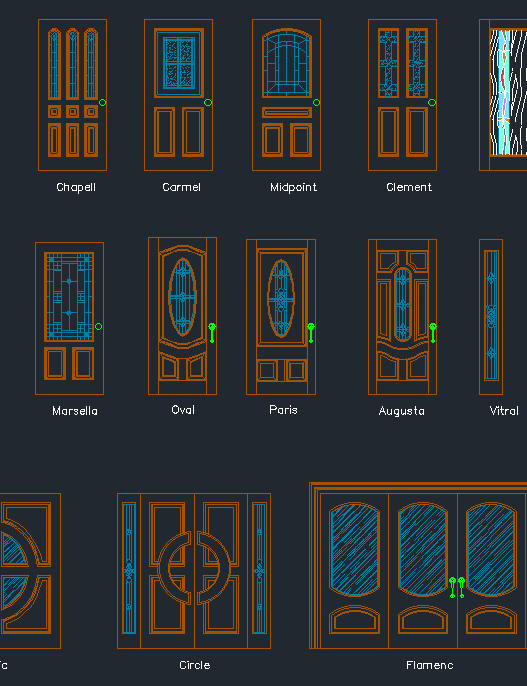 Puertas de madera en AutoCAD con diseños arquitectónicos, detalles constructivos y vistas en planta y alzado en formato DWG.