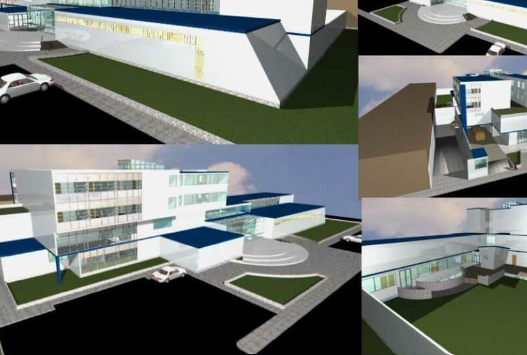 Clínica cardíaca 3D en AutoCAD con modelado arquitectónico, distribución hospitalaria y diseño médico en formato DWG.