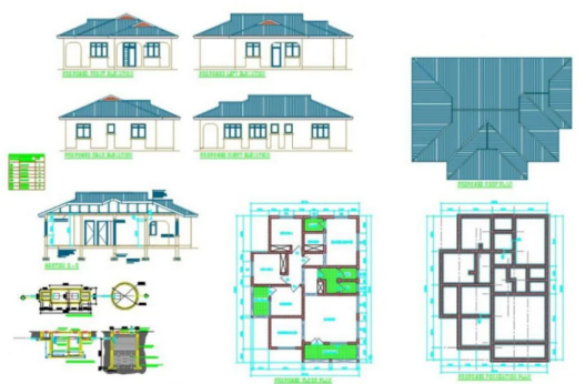 Plano de casa de tres dormitorios en AutoCAD con distribución de espacios y diseño residencial completo en formato DWG.